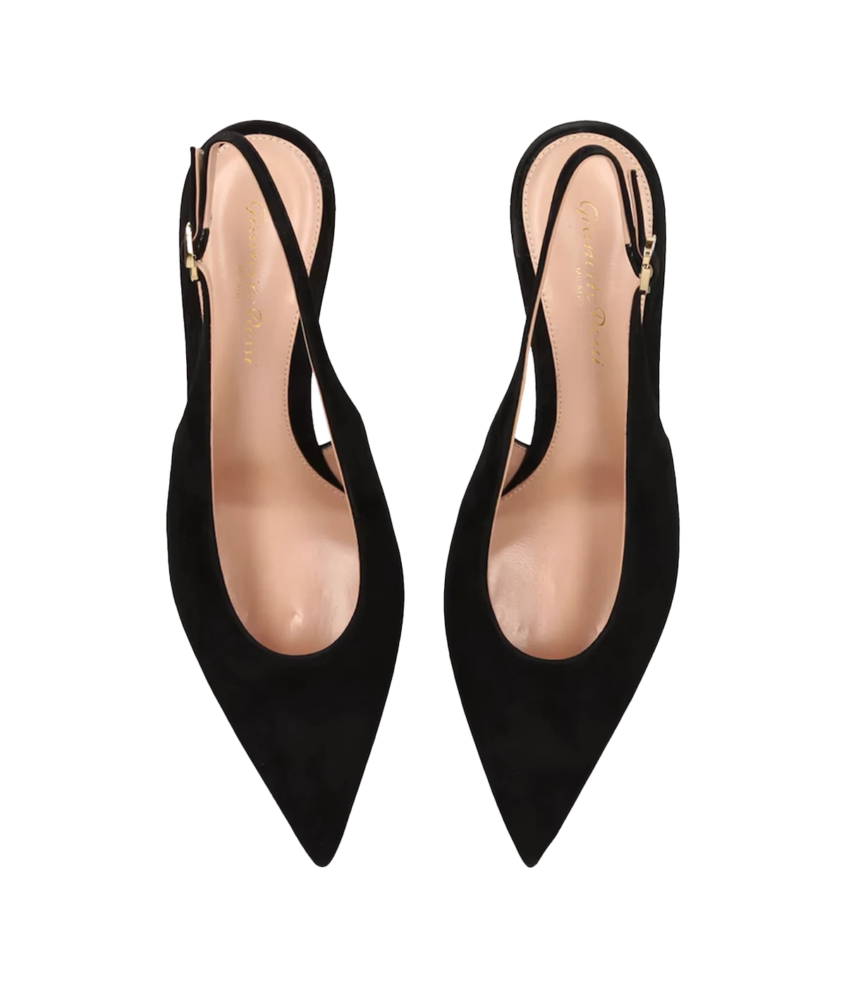 ALT text: Black suede pumps with a pointed toe and buckle-fastening ankle strap.