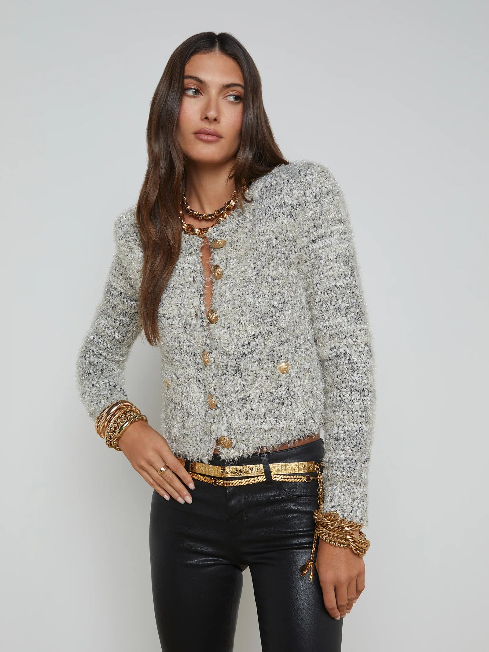 Una Knit Cardigan in Black Ivory Gold