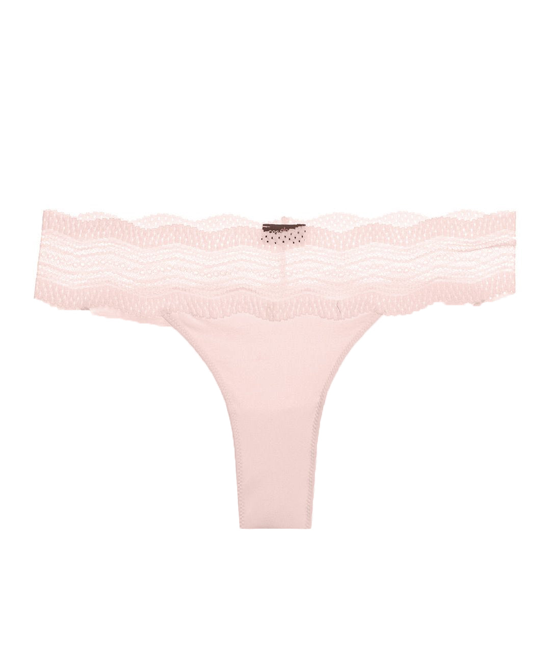  Mid-rise thong with chevron lace waistband, cotton-lined gusset, minimal rear coverage for comfort and style.