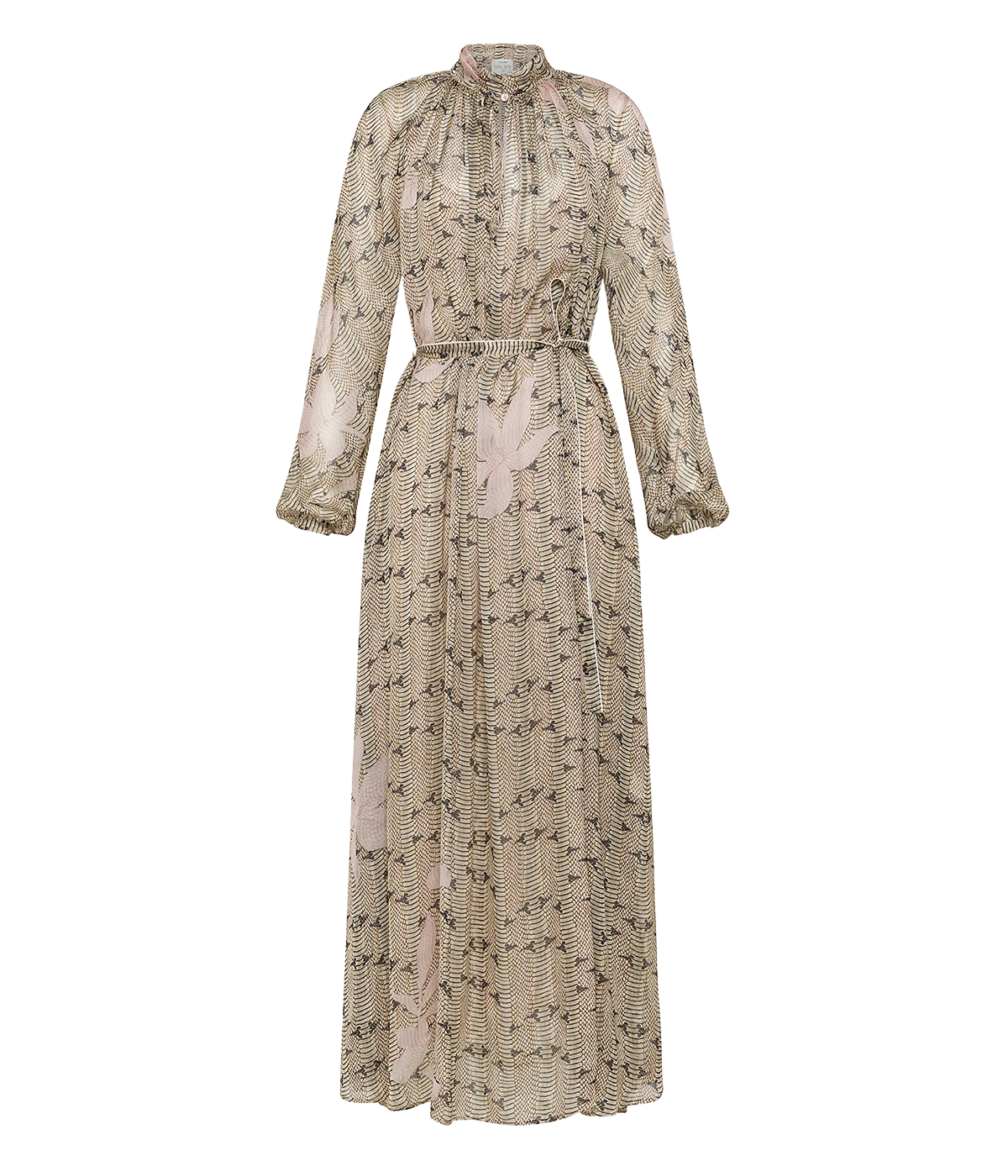 Alt Text: Dune Lily Print Chiffon Silk Dress – Maxi-length silk dress with button-up collar and V-neck in Dune Lily print.