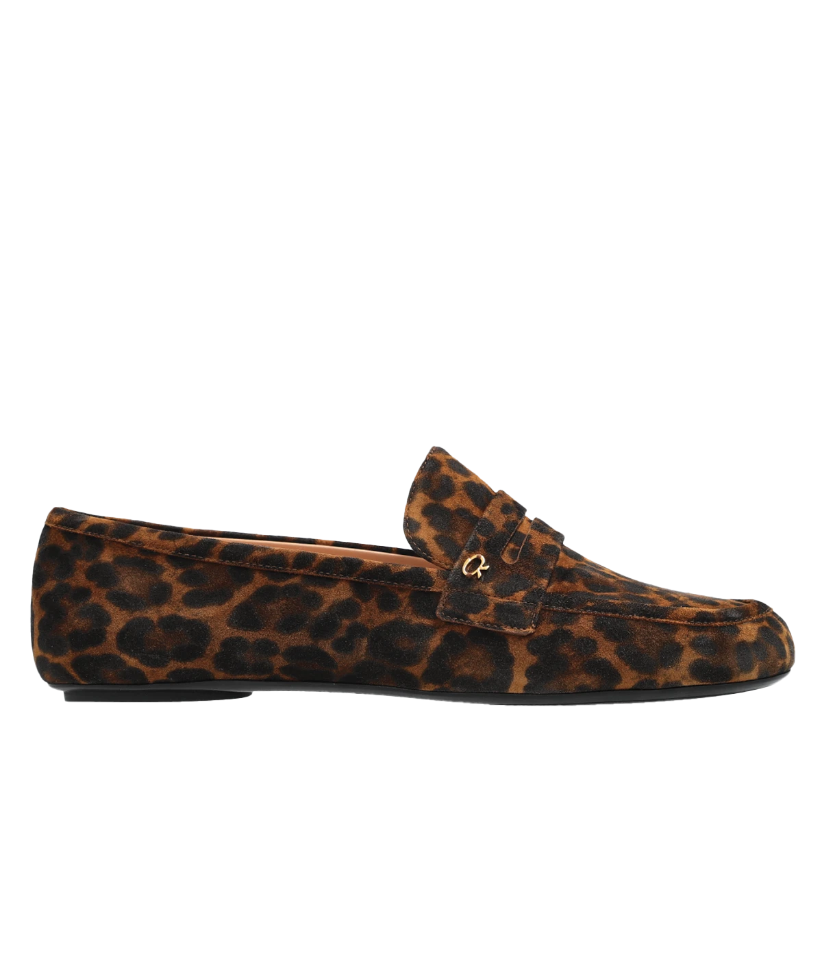 ALT Text: Gianvito Rossi Giorgia loafers in leopard print, featuring a rounded toe, gold logo, soft-textured suede/velour outer, and rubber sole, made in Italy.