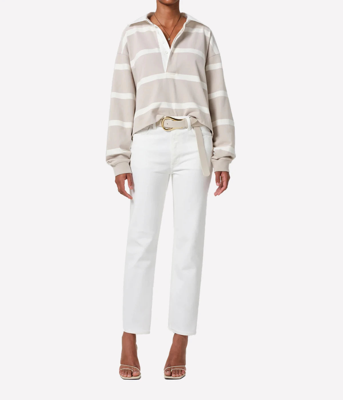 ALT text: Light beige and white striped long-sleeve cropped knit with cream contrast collar, styled with high-waisted jeans.