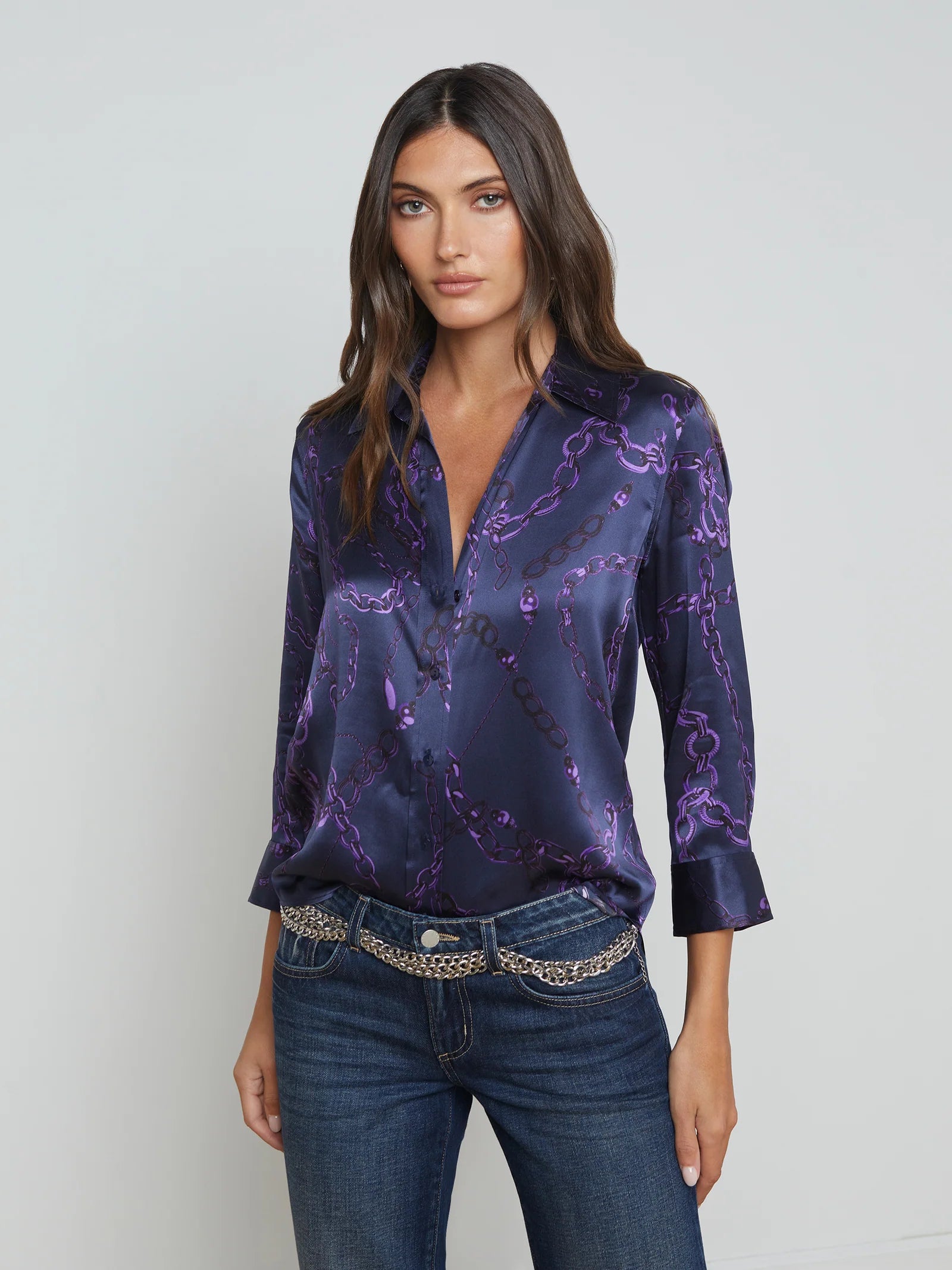 Dani 3/4 Sleeve Blouse in Midnight Purple Sketch Chain