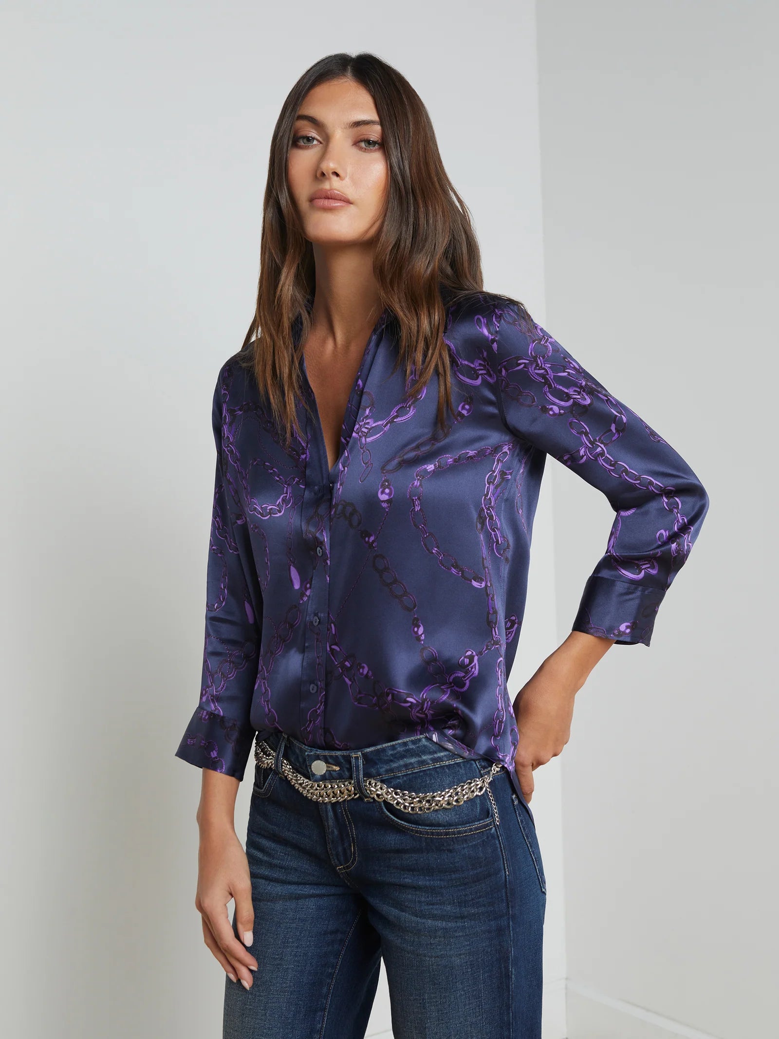 Dani 3/4 Sleeve Blouse in Midnight Purple Sketch Chain