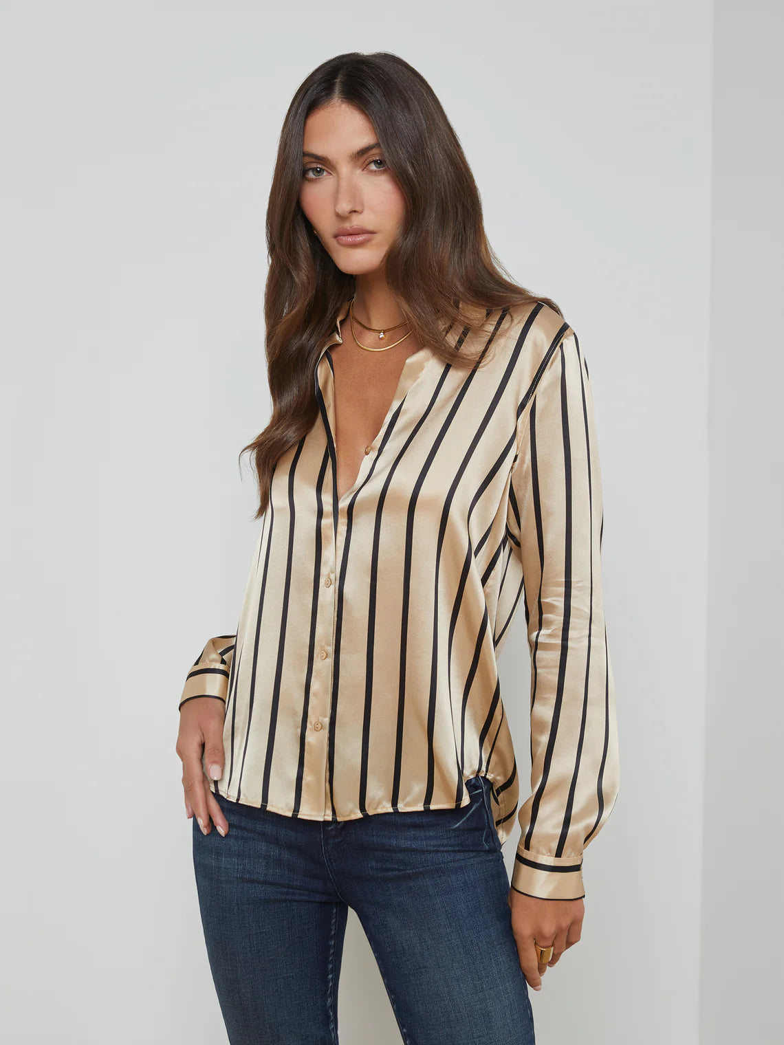 Tyler Long Sleeve Blouse in Almond Black Stripe