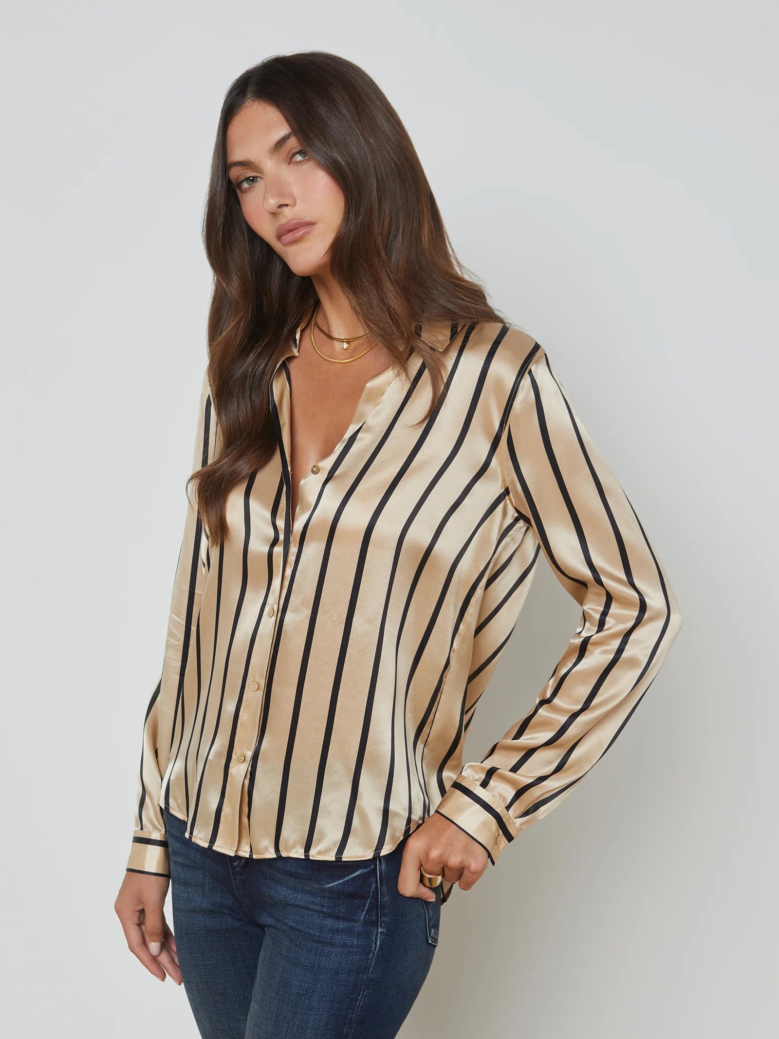 Tyler Long Sleeve Blouse in Almond Black Stripe