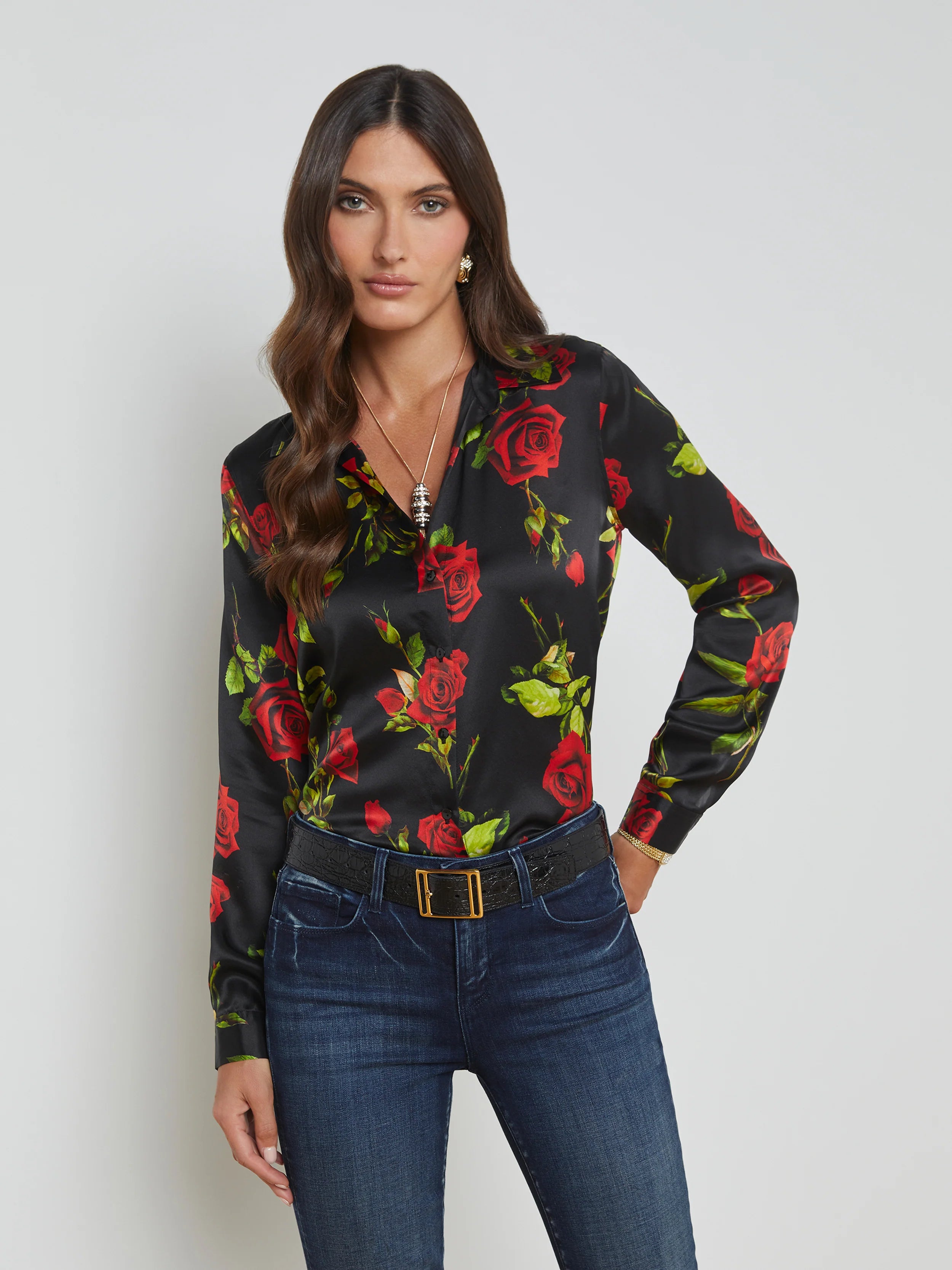 Tyler Long Sleeve Blouse in Black Multi Rose