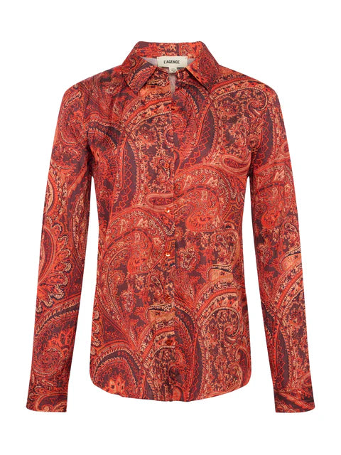 Designed to make an impact, the blouse combines vibrant colors with a timeless paisley pattern, creating a striking yet versatile piece. The fluid silhouette is elevated by a delicate drape, while the long sleeves with button cuffs and a button-down front add a sophisticated finish.