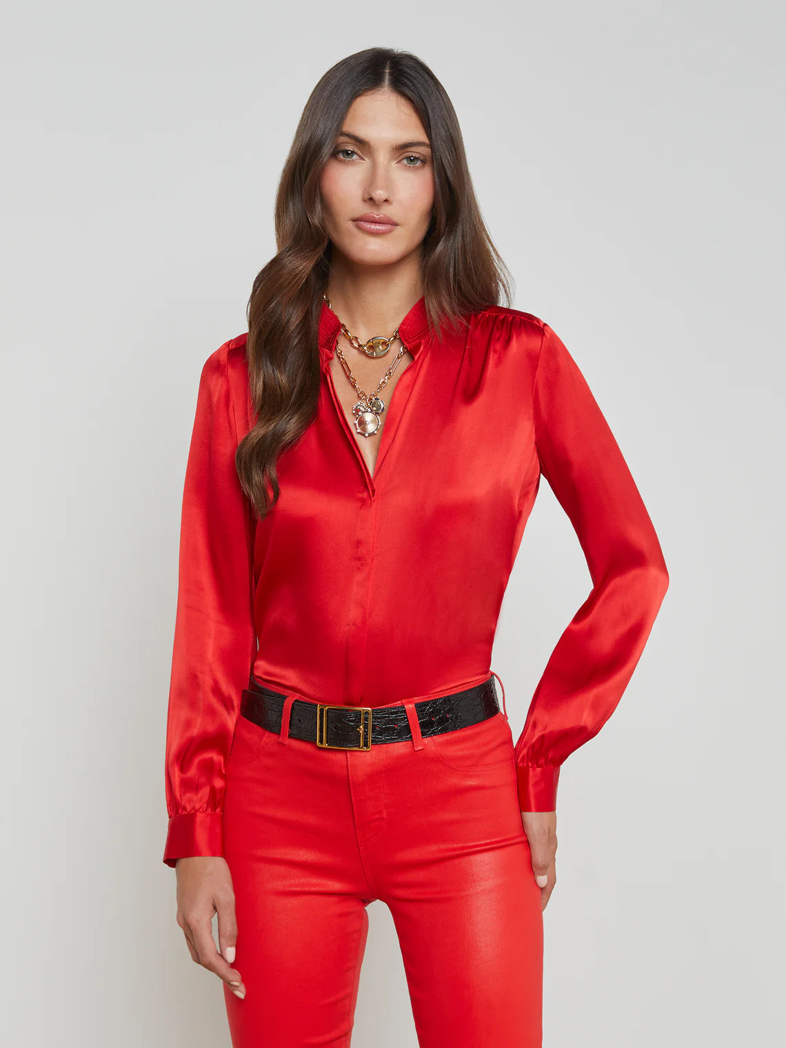 Bianca Band Collar Blouse in Lava Red