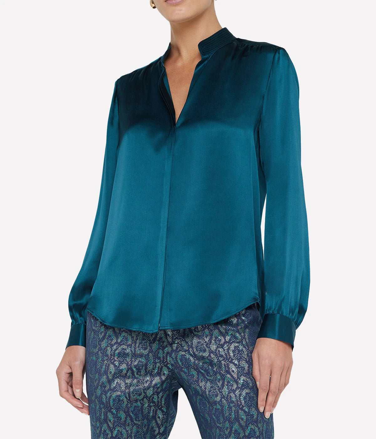 Bianca Band Collar Blouse in Deep Teal