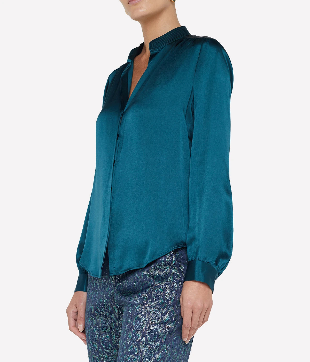 Bianca Band Collar Blouse in Deep Teal