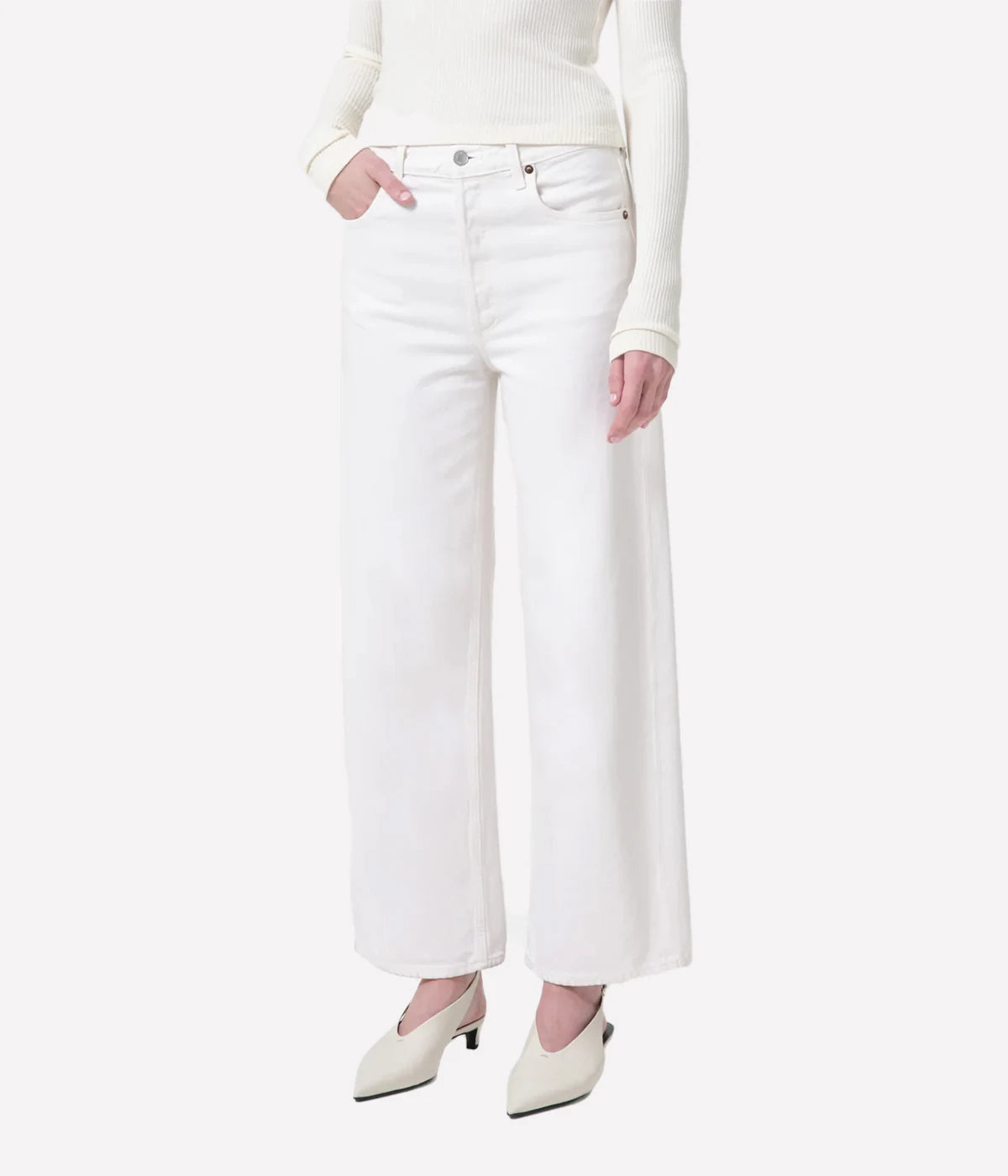 ALT Text: Ren Jean in eggshell warm white with a high-rise waist, relaxed fit through the hips, and wide-leg silhouette, made from 100% organic cotton for chic all-day comfort.