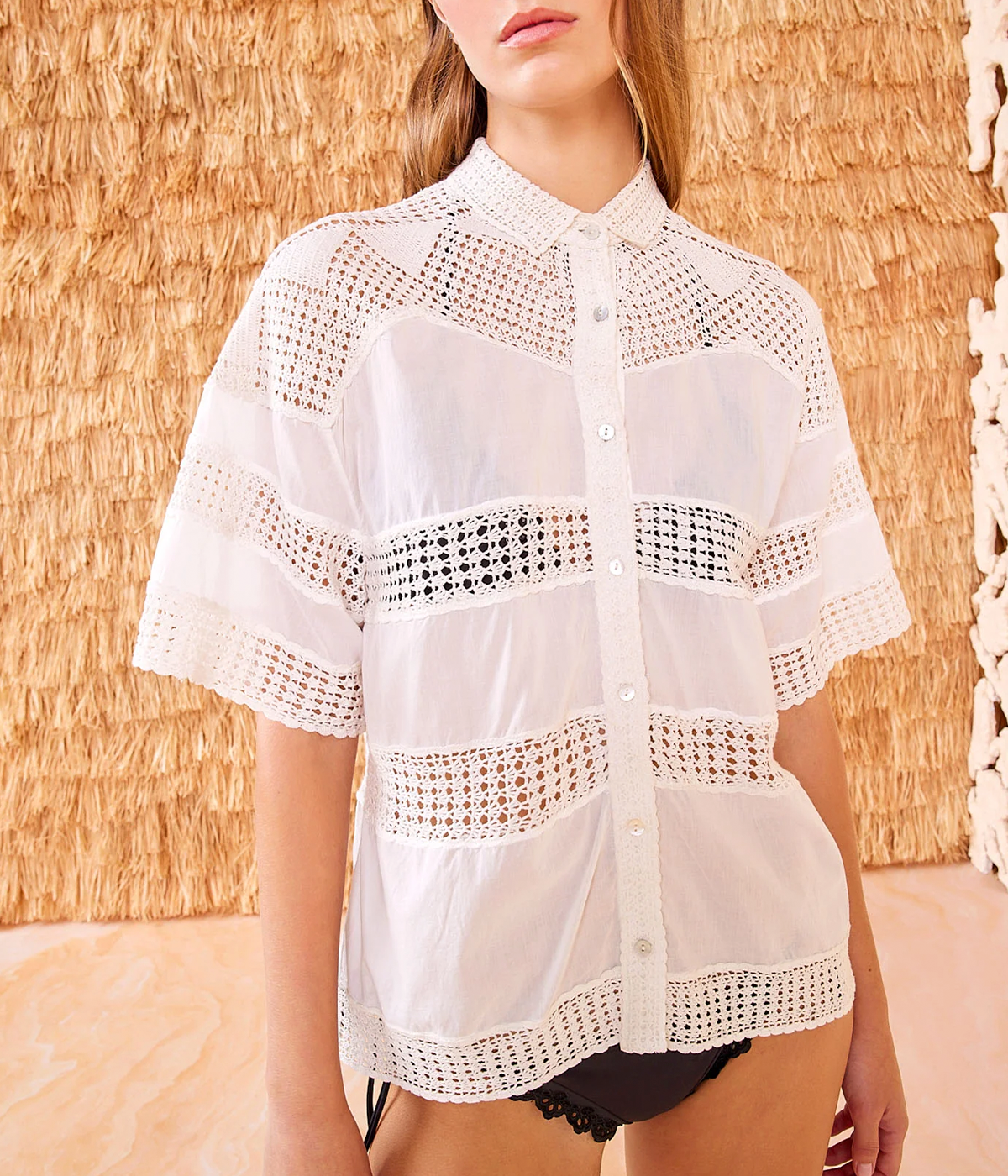 ALT text: White cotton coverup with hand-crocheted lace panels, classic collar, and button-front closure.