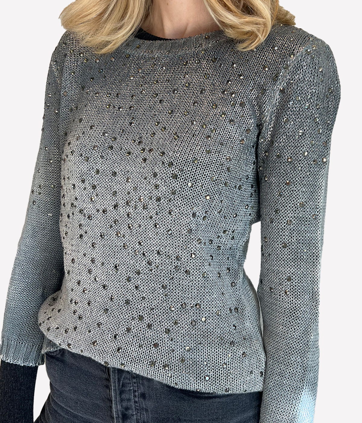 Linen Round Neck Pullover w Studs in Ghiaccio