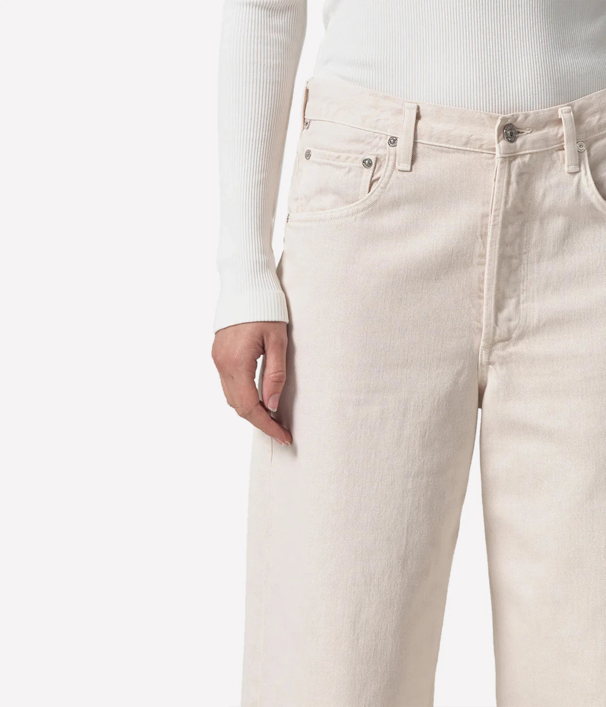 Ayla Raw Hem Jean in Almondette by Citizen of Humanity, featuring a relaxed vintage-inspired fit with a raw hem finish and a soft, neutral hue for versatile styling.