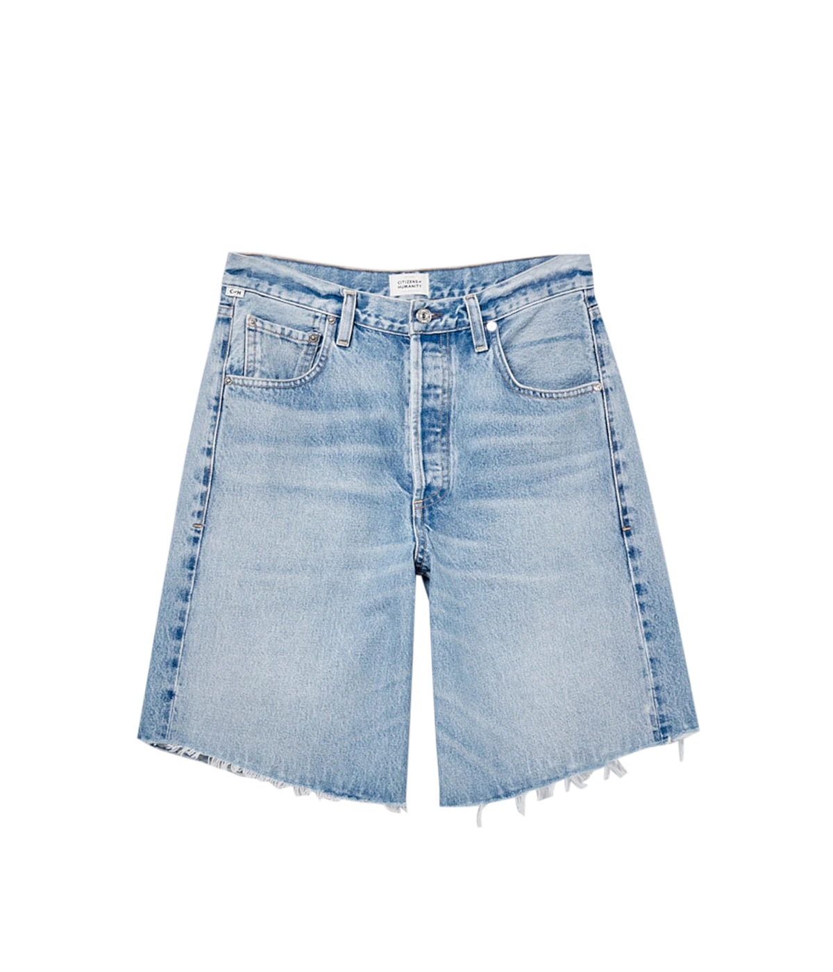 ALT Text: Ayla Baggy Shorts by Citizens of Humanity, featuring a longer inseam, button fly closure, and a relaxed fit crafted from 100% regenerative cotton.