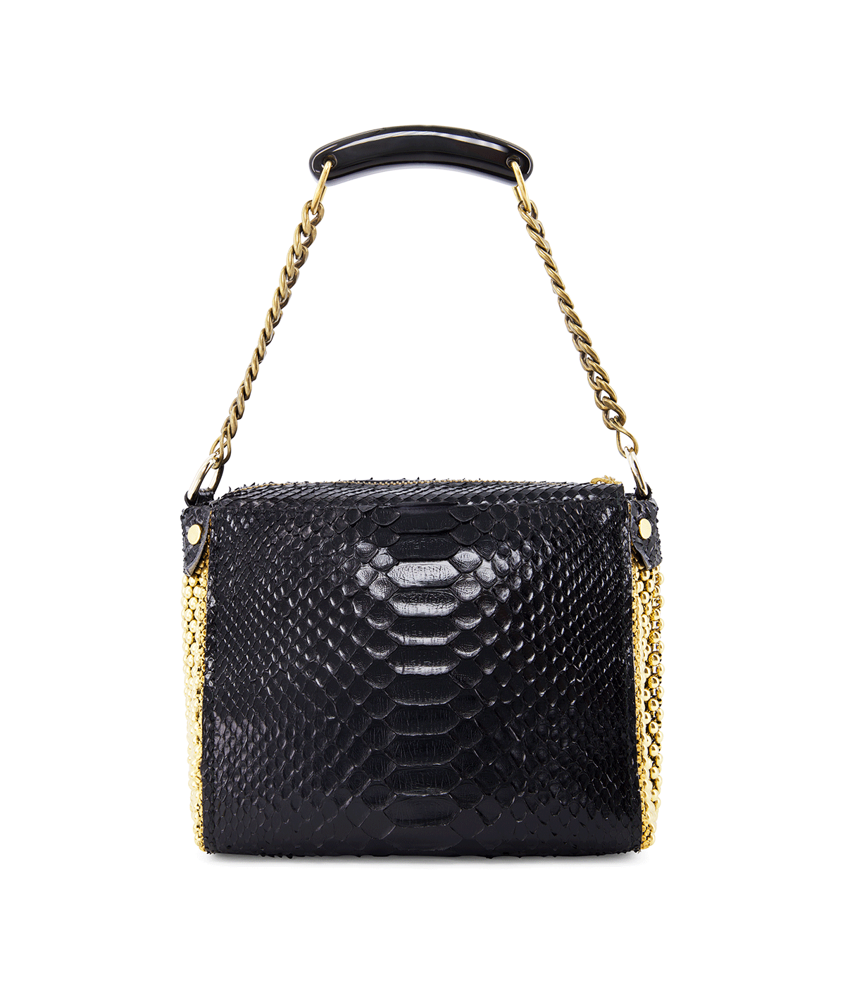 ALT Text: Black leather Bauletto Handbag by Laura B with horn handle, optional leather and chain strap, and mesh side detailing.