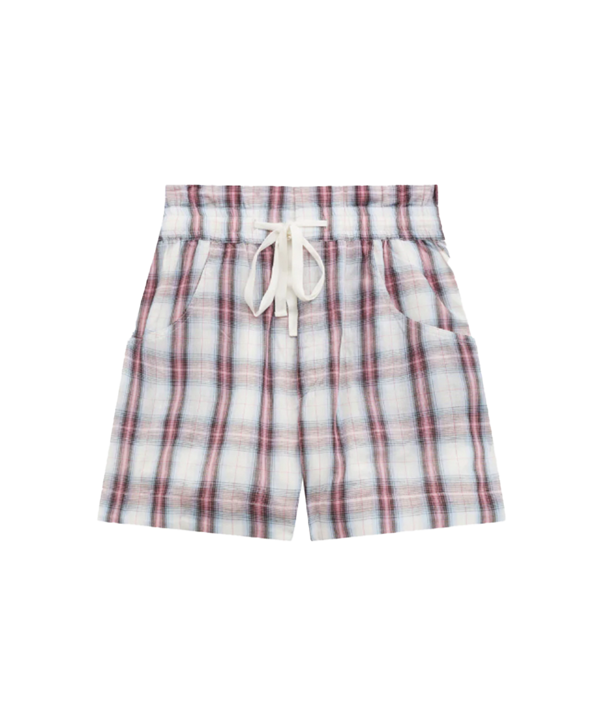 ALT text: Checkered cotton voile shorts with an adjustable drawstring waist, back pockets, and a relaxed, short cut perfect for casual summer days.