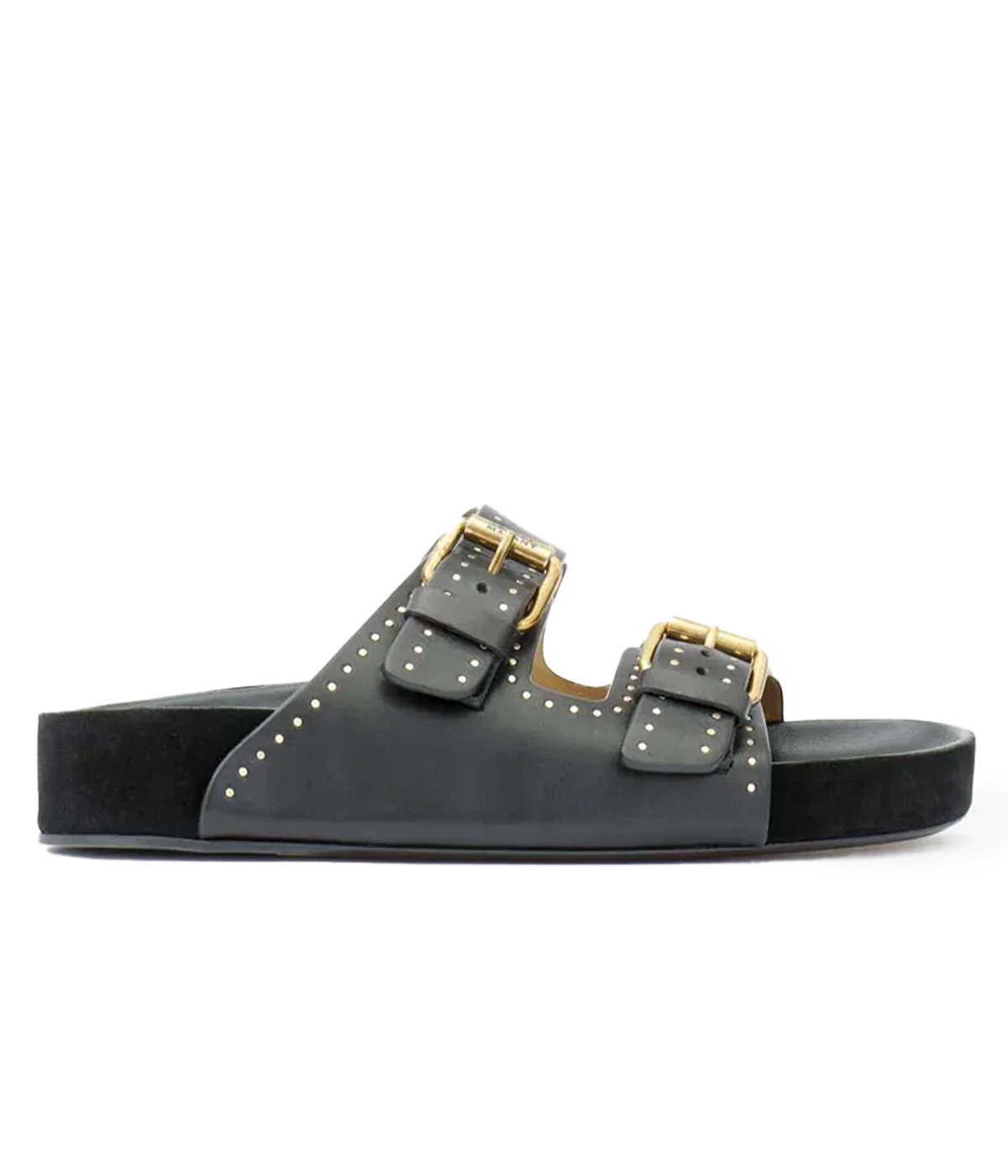 ALT Text: Black leather sandals with double buckle closure, studded details, and leather sole for comfort and durability.