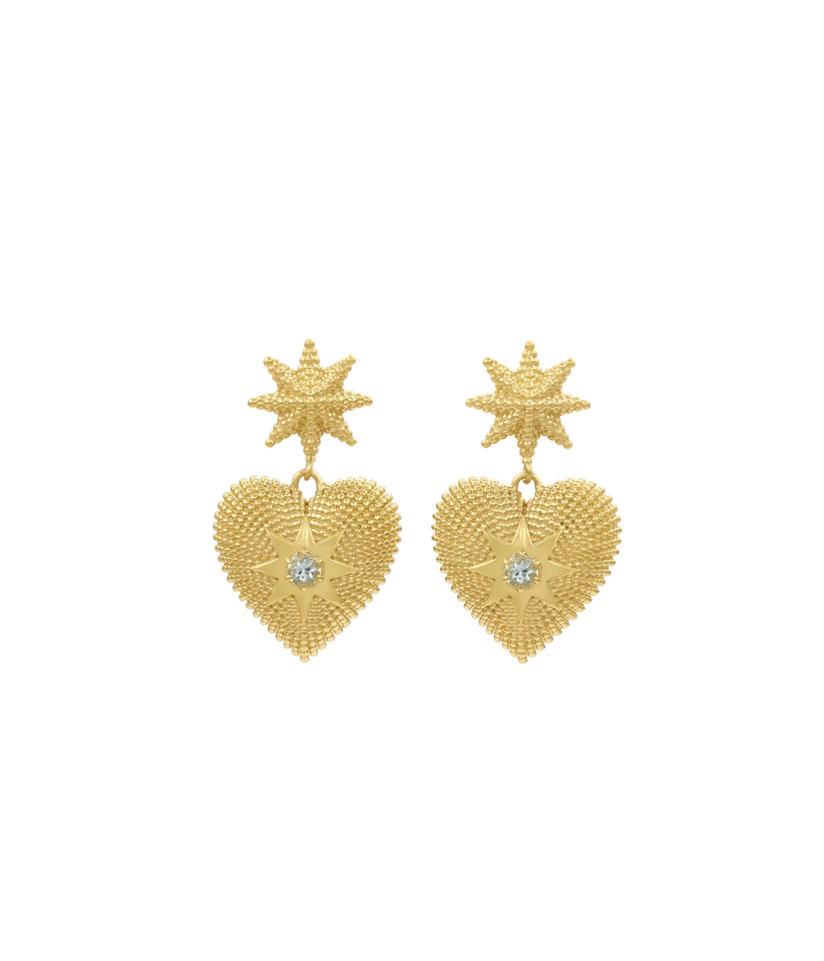 Symbolic Design: Featuring a bold, three-dimensional textured design, each earring showcases an eight-pointed star at its center, symbolizing purity, strength, and protection. Inspired by the idea of la dolce vita, they remind us that a brave heart carves its own path with grace and quiet power.

Sustainable Craftsmanship: Crafted from 100% recycled 925 Sterling Silver and plated locally in 22k Gold Vermeil, these earrings combine luxury with environmental responsibility.

Calm Elegance: The addition of a b