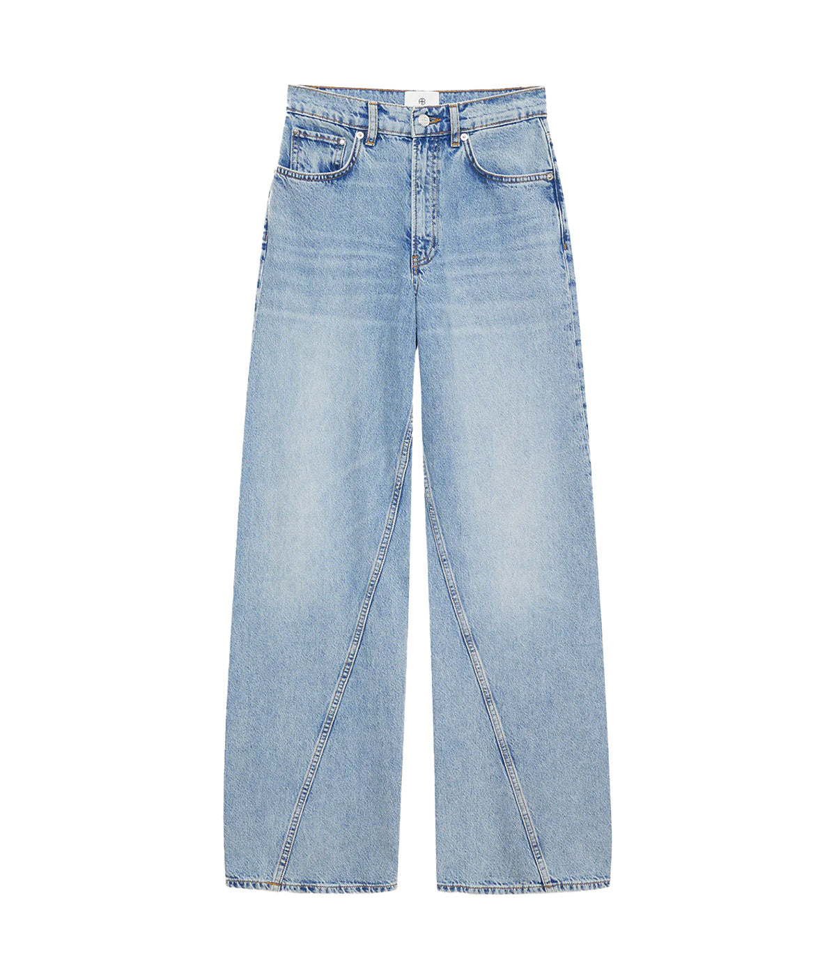 ALT text: Dark blue high-rise wide-leg denim jeans with subtle marbling.