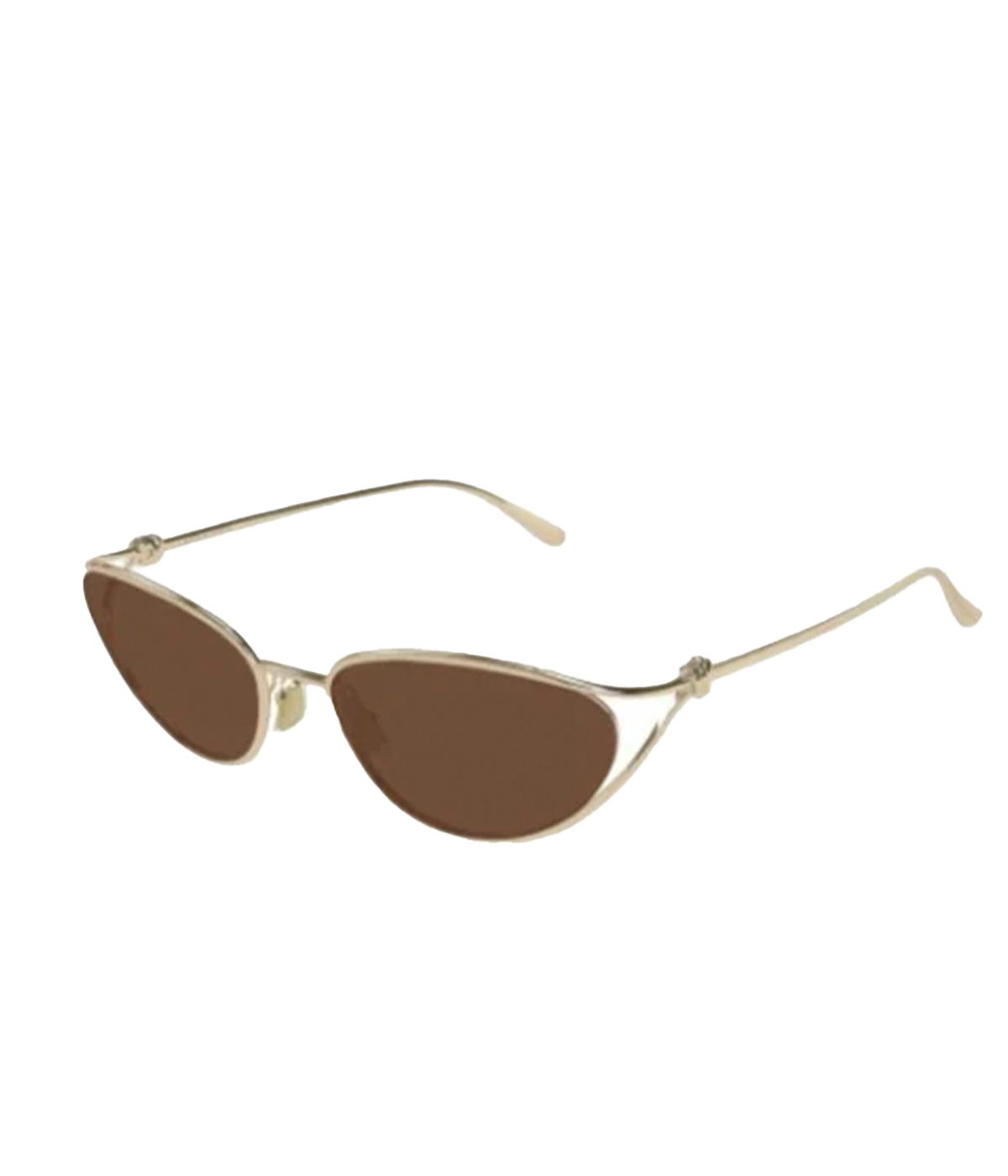 ALT text: Gold-frame Bottega Veneta sunglasses with brown lenses, featuring a playful, quirky design.