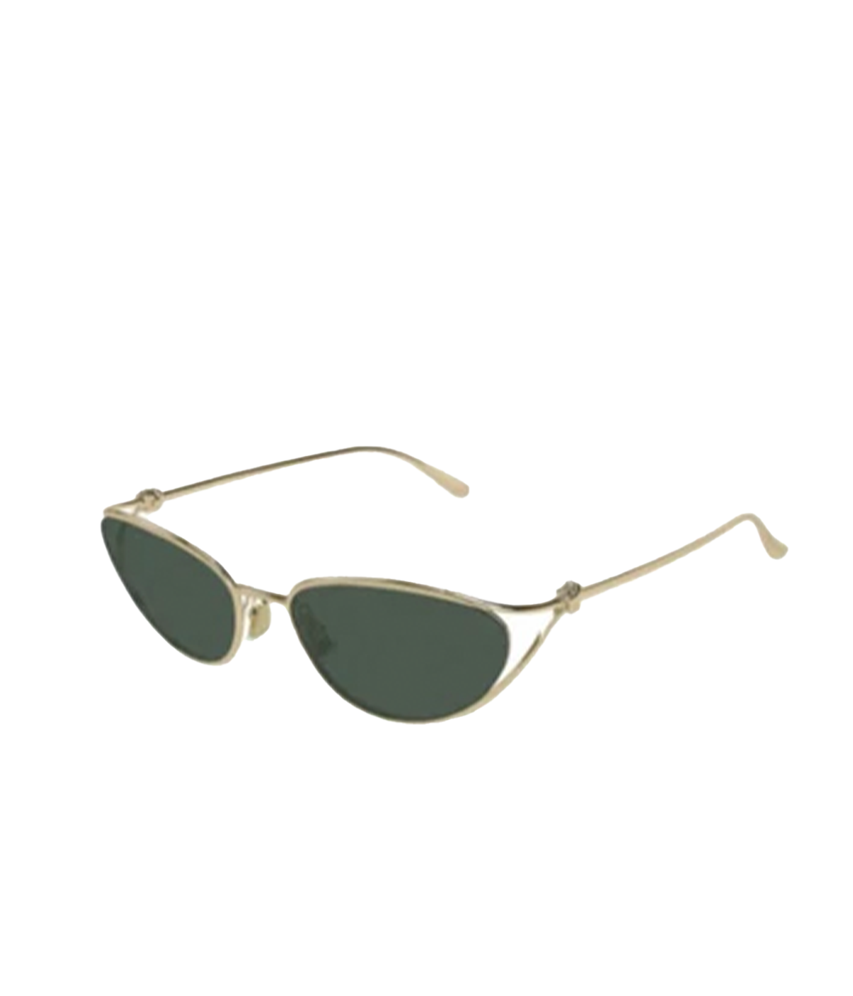 ALT text: Gold-frame Bottega Veneta sunglasses with brown lenses, featuring a bold and refined design.