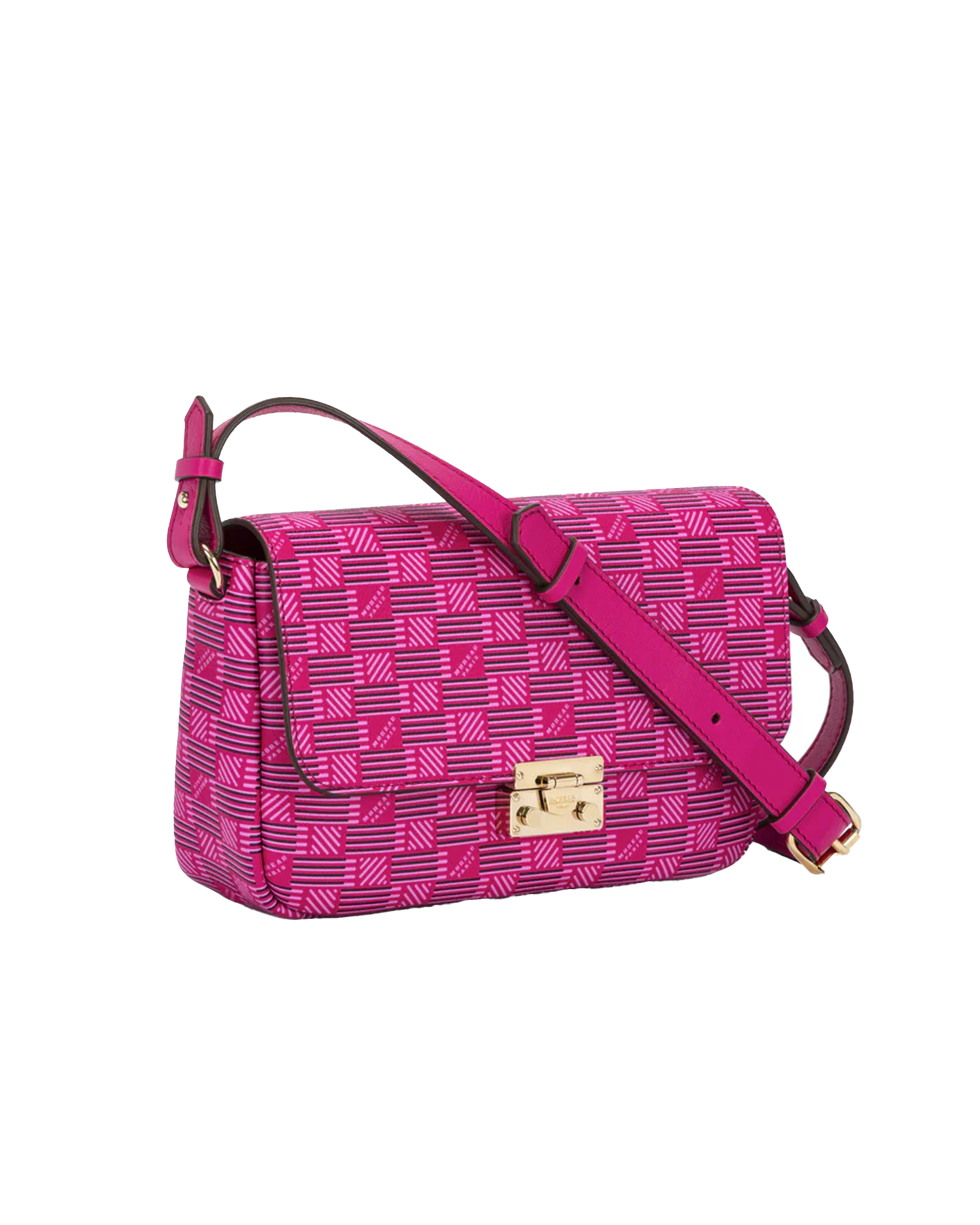 Elegant fuchsia and cream leather crossbody bag styled with a chic neutral outfit for a Parisian-inspired look.