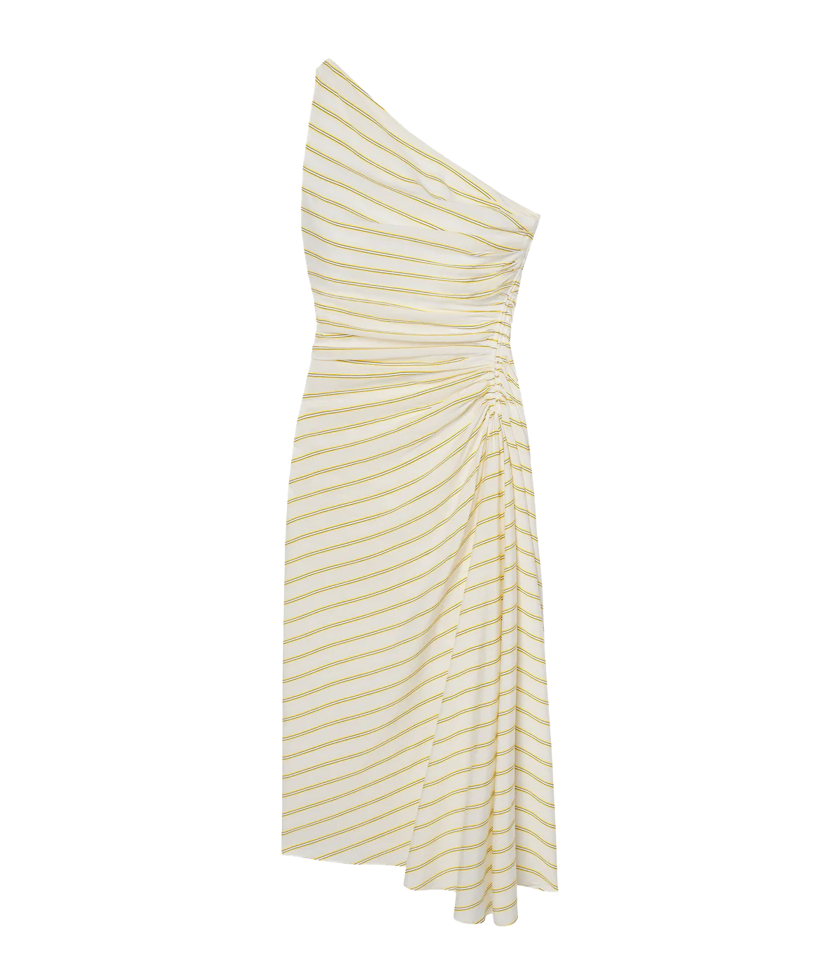 ALT text: Soft canary stripe midi dress with an asymmetrical one-shoulder neckline and ruched hip detailing.