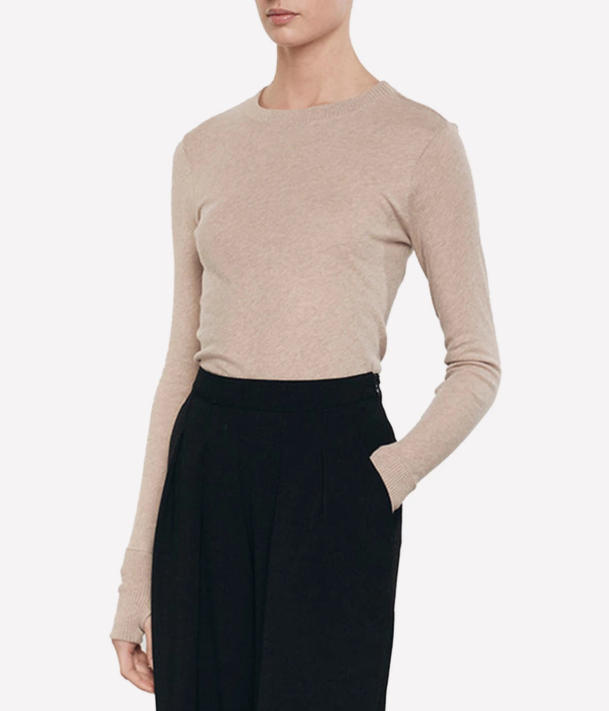 Cashmere Easy Cuffed Crew Top in Khaki