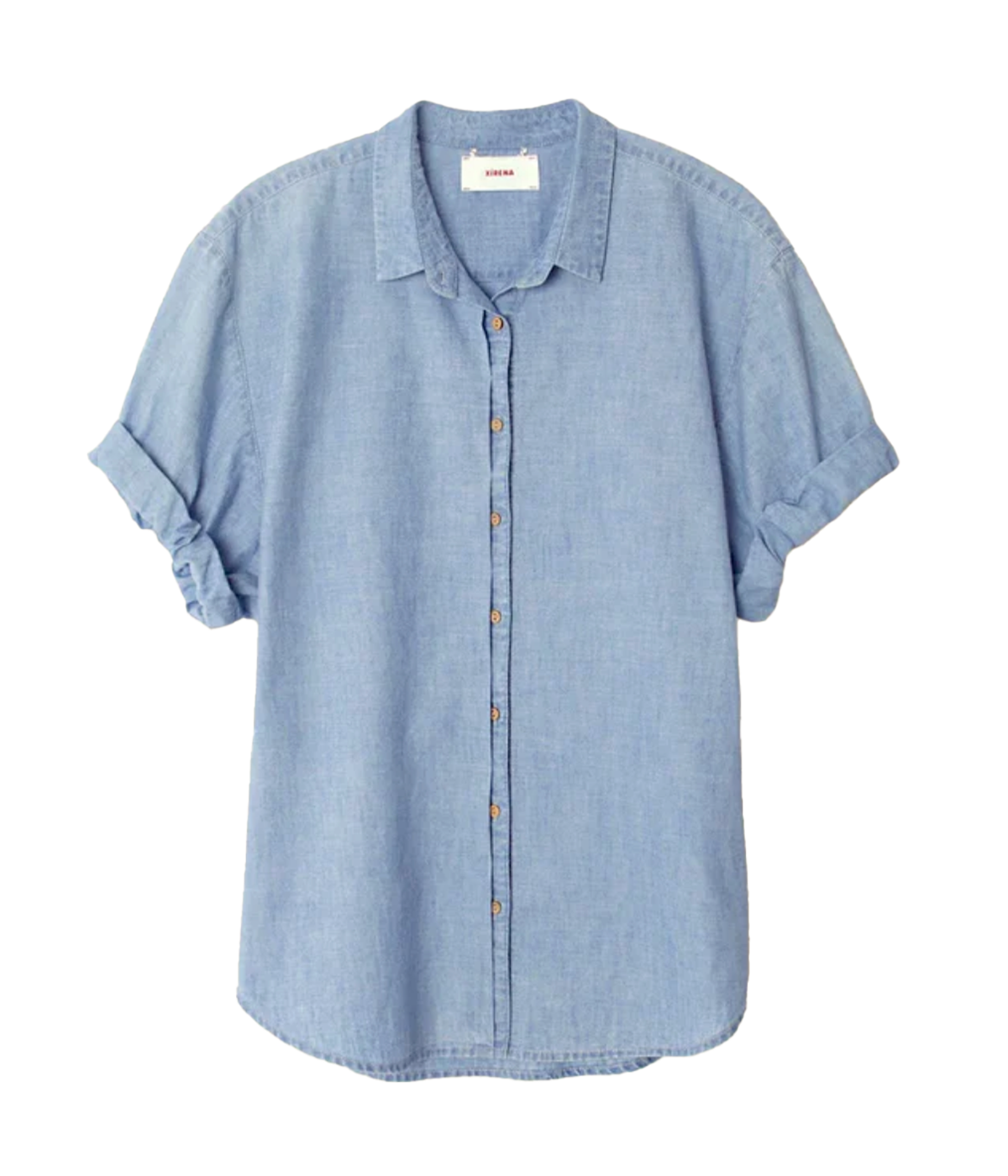 ALT text: Dusty blue oversized button-down shirt with relaxed sleeves.