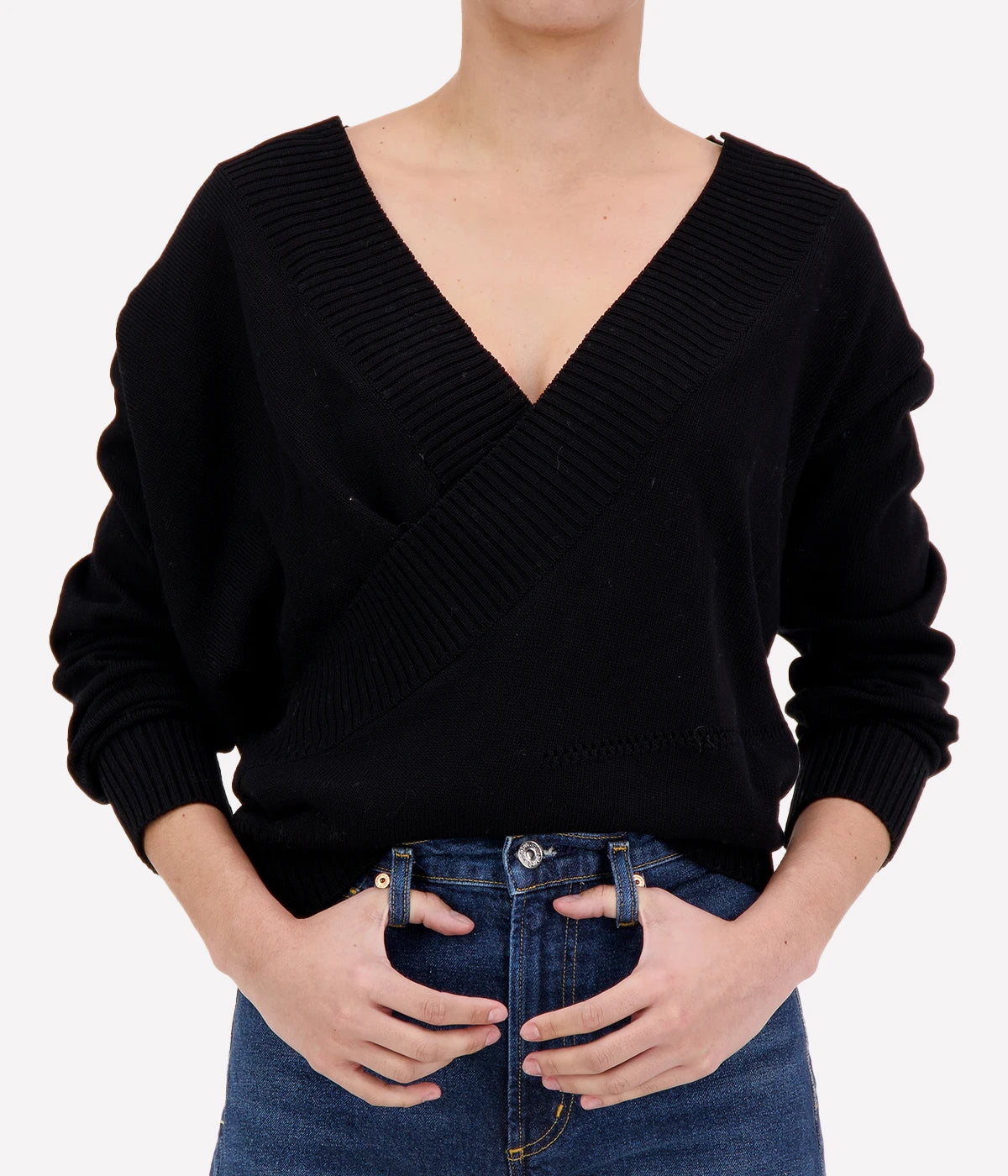 Crossed V-Neck Sweater in Black