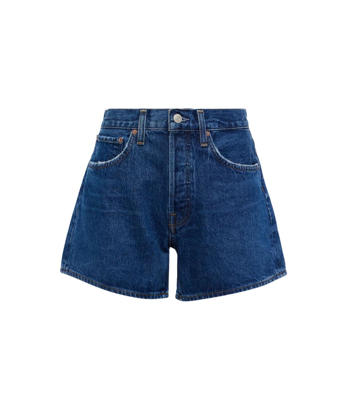 ALT text: High-rise relaxed shorts in saturated dark indigo, showcasing a diagonal side seam and finished hems.