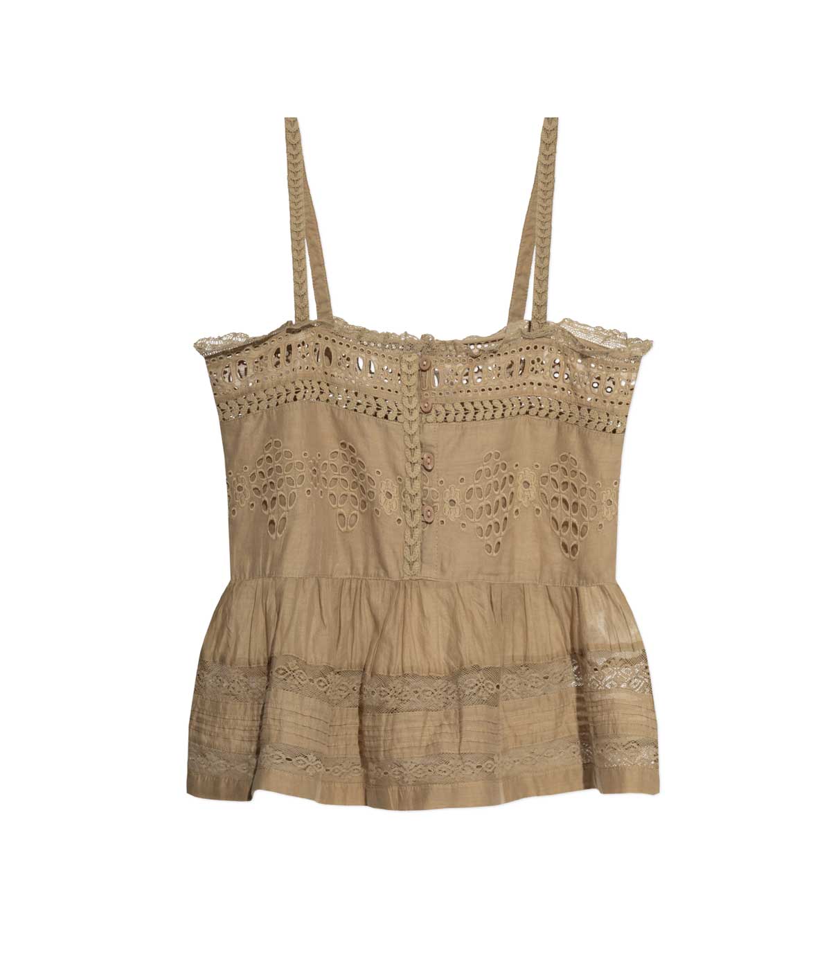 ALT Text: The Denys Strap Top from Marant Etoile in organic cotton, featuring openwork inserts, thin straps, a feminine ruffle, and small decorative buttons.