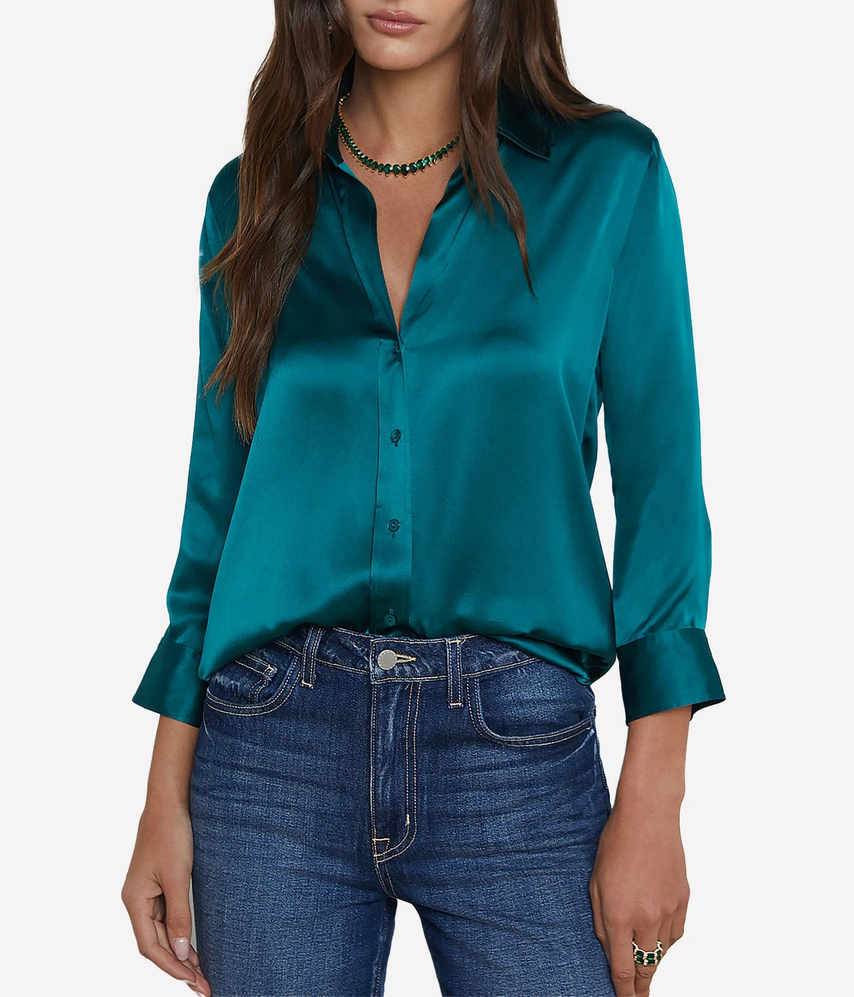 ALT Text: Silk Dani Blouse with a high-low hem, three-quarter sleeves, and 2-button cuffs, perfect for timeless elegance.