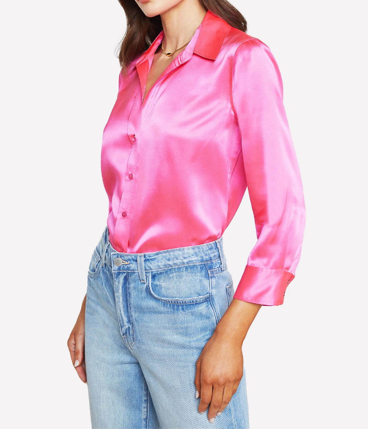 ALT Text: The Dani silk button-down blouse featuring a high-low hem and three-quarter sleeves, designed for timeless versatility.