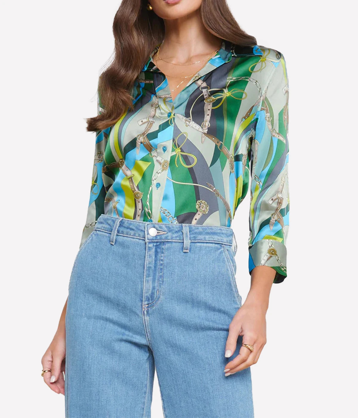 Dani 3/4 Sleeve Blouse in Sea Green Multi Belt Swirl