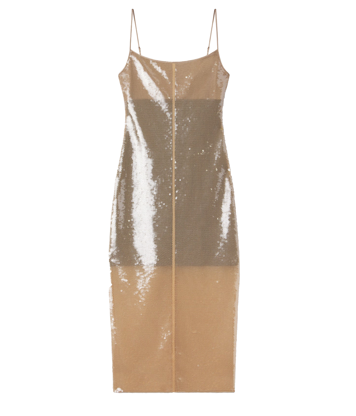 ALT Text: Midi dress with soft sequins embroidered onto taupe tulle, featuring thin straps and a straight neckline for a minimalist, elegant silhouette.