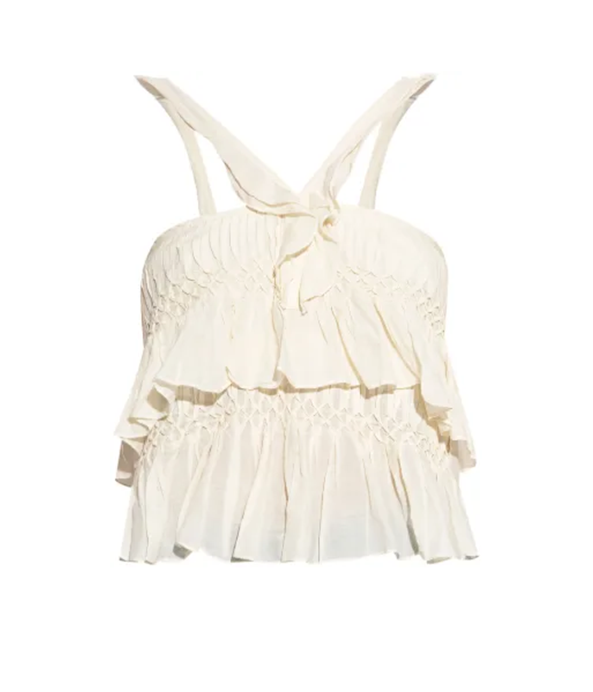 ALT text: White smocked cotton-blend top with ruffles and tiered details.