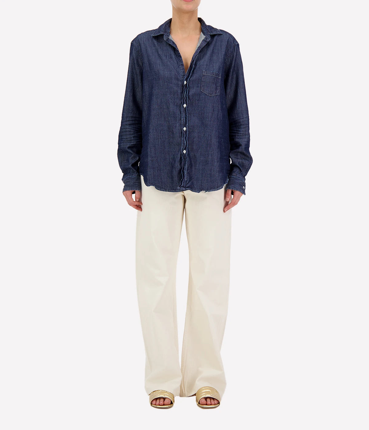 Eileen Woven Button Up in Distressed Rinse Denim