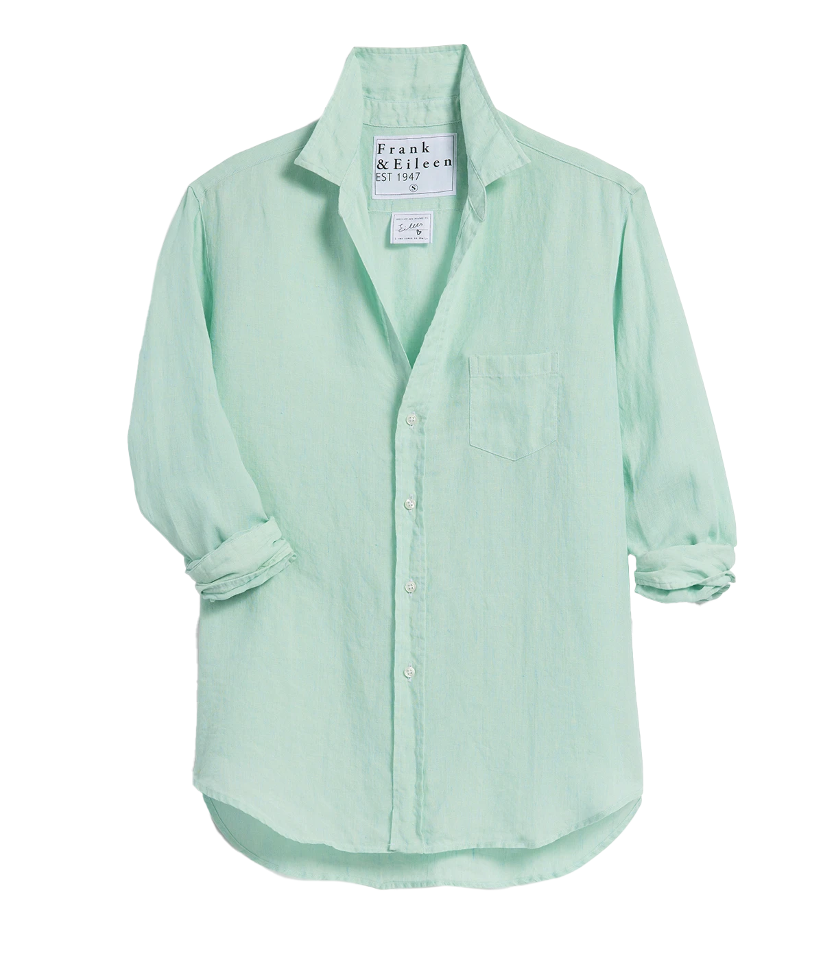 ALT Text: Frank Eileen's Eileen Button Down Shirt in 100% Linen with a relaxed, oversized fit and curved high-low hemline.