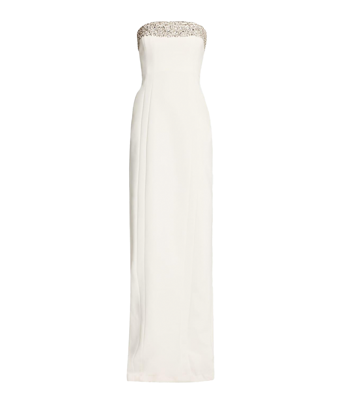 ALT text: Winter white strapless midi dress with pockets and darted seams.