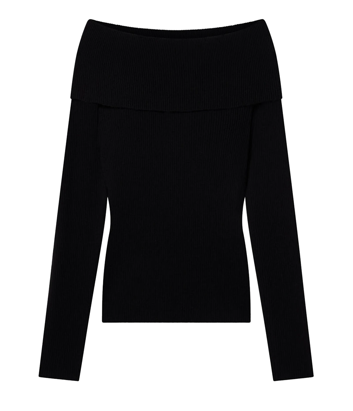 ALT text: Black stretch merino wool off-the-shoulder top with wide fold-over detail and knuckle-grazing sleeves