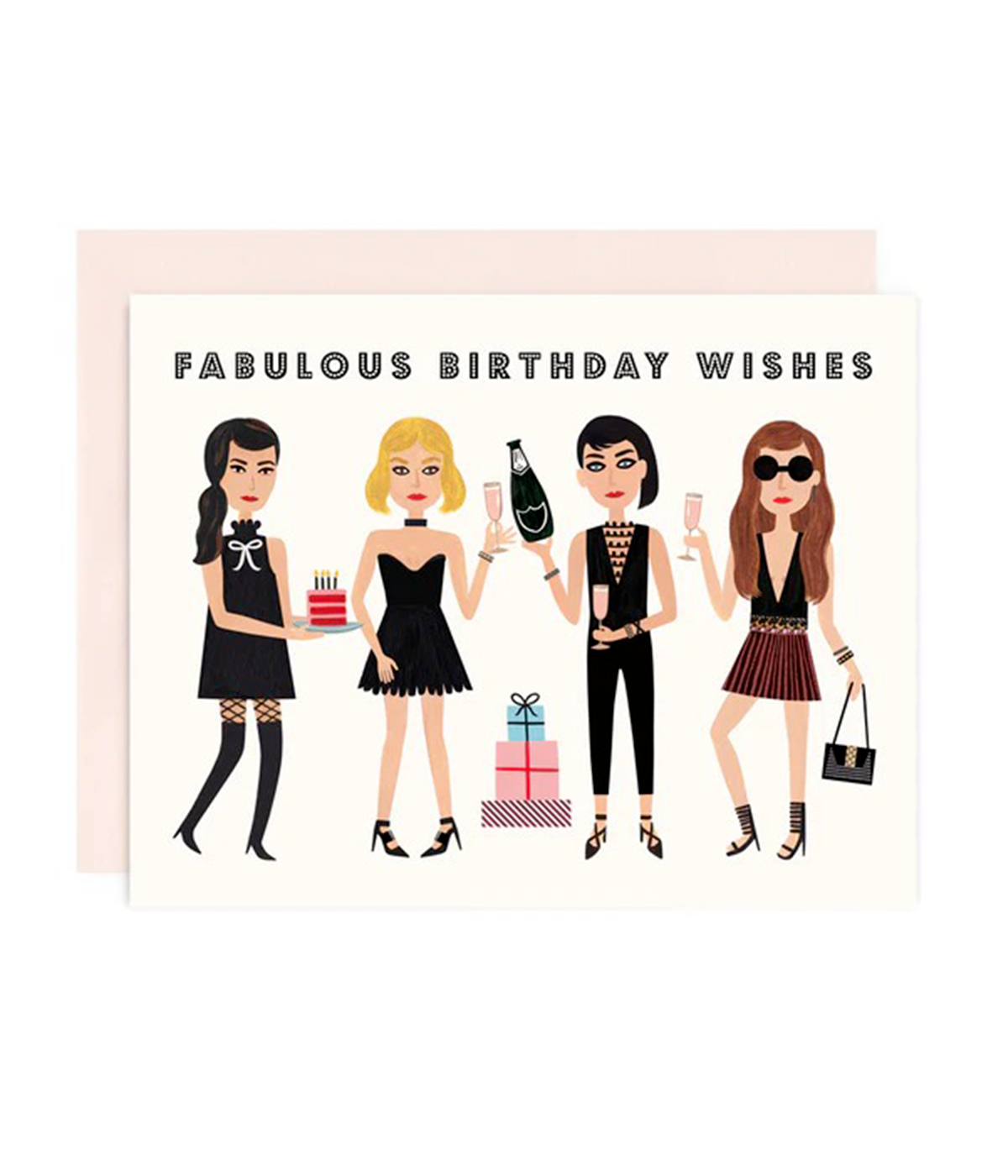 A stylish A5 greeting card with the words "Fabulous Birthday Wishes" on the cover, designed for celebrating birthdays with your girl gang.