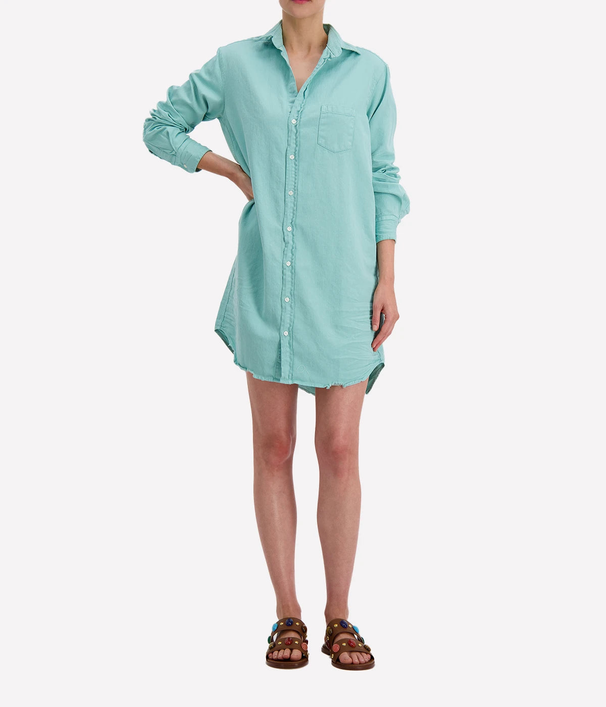 Mary Woven Button Up Dress in Soft Jade