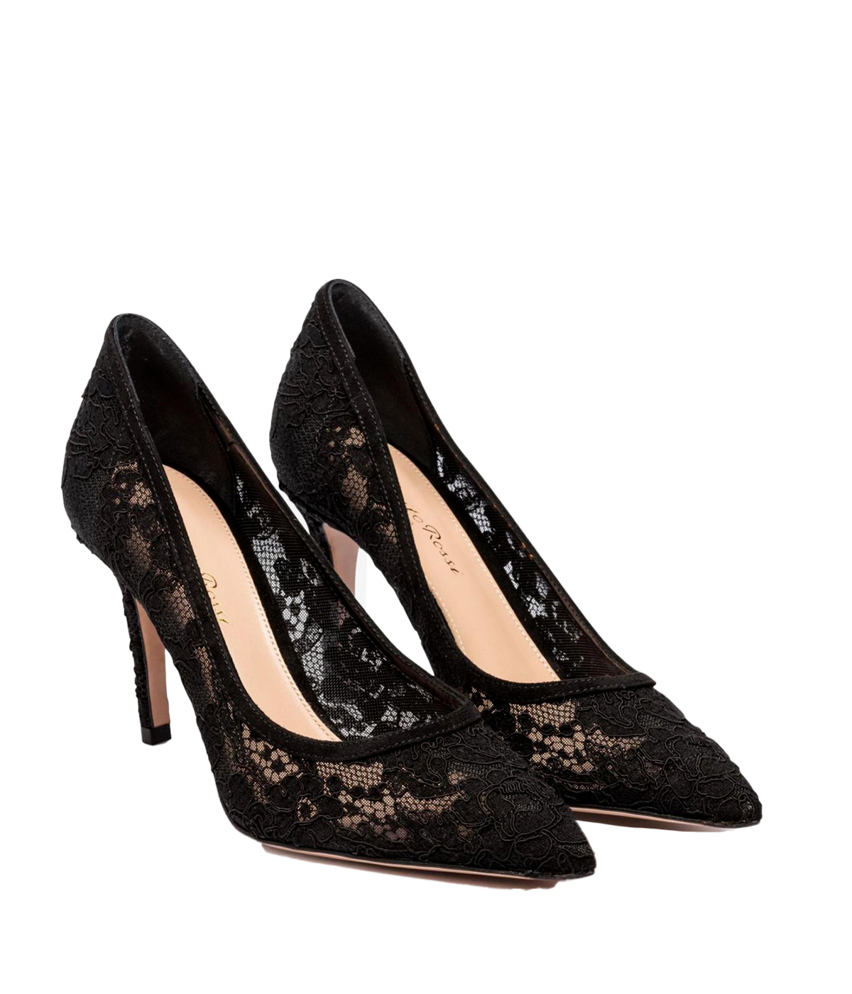 ALT Text for Images:
Elegant black Gianvito Rossi pumps with a delicate lace upper, leather interior, and an 8.5 cm heel, perfect for formal and chic occasions.