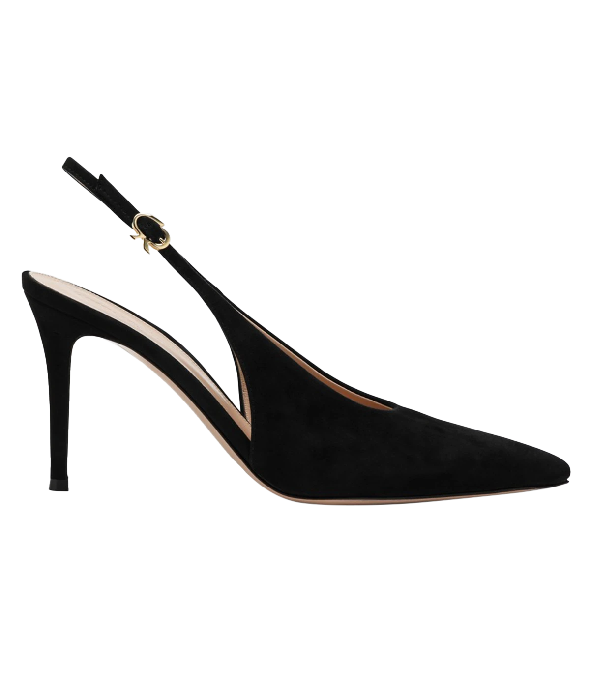 ALT text: Black suede pumps with a pointed toe and buckle-fastening ankle strap.