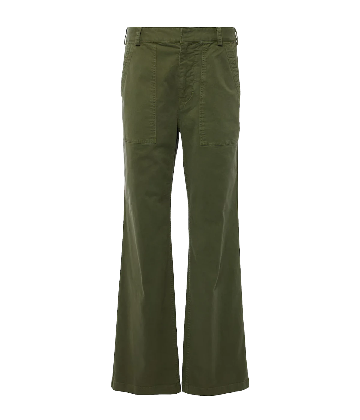 ALT Text: Relaxed straight-leg khaki camo pants with a mid-rise fit, perfect for versatile styling.