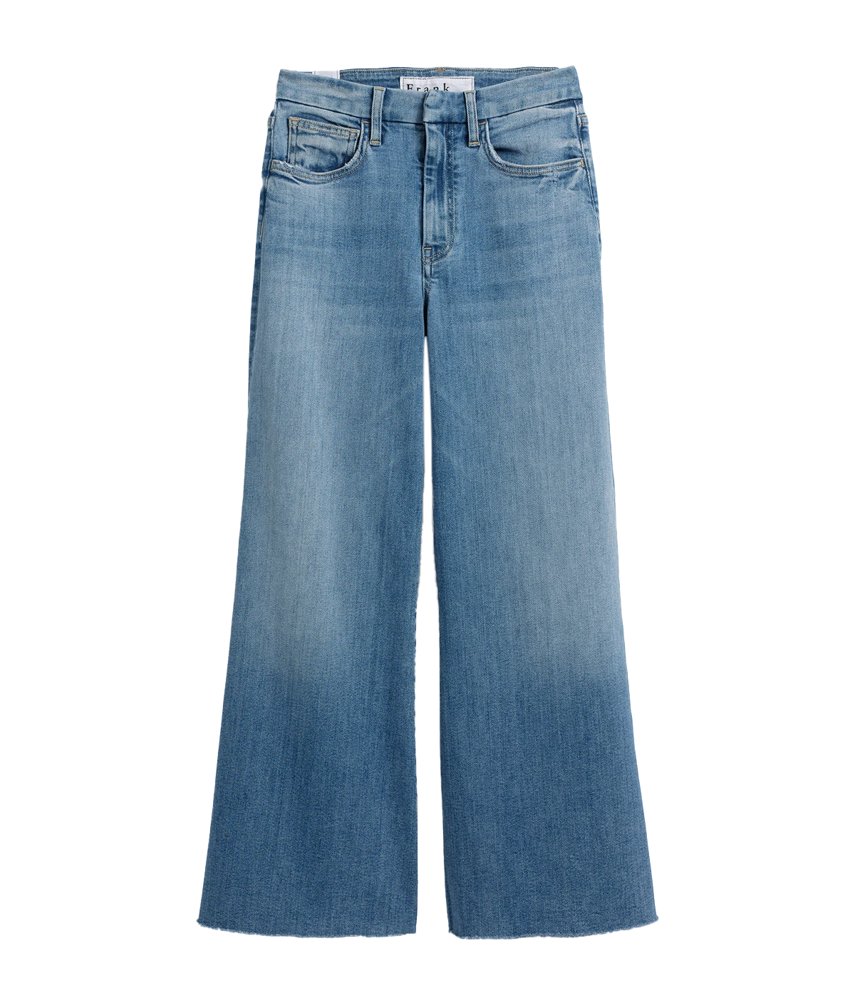 ALT Text: Frank &amp; Eileen Galway Wide-Leg Jean in Italian Dream Denim, cropped with a raw hem, featuring a wide-leg fit and elevated waistband.