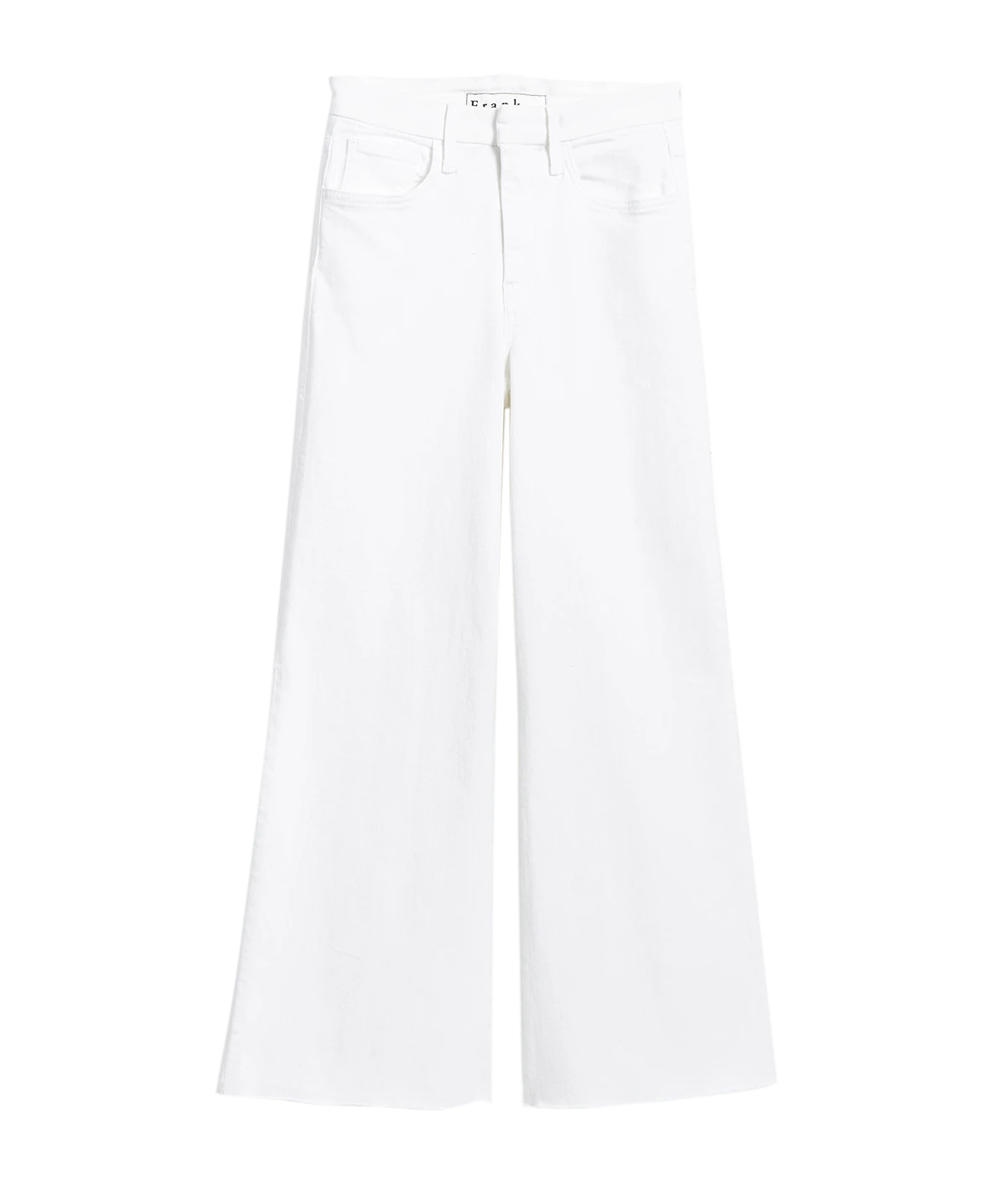 ALT Text: Frank &amp; Eileen Galway Wide-Leg Jean in Italian Dream Denim with a cropped, hand-distressed raw hem, wide-leg fit, and elevated waistband.